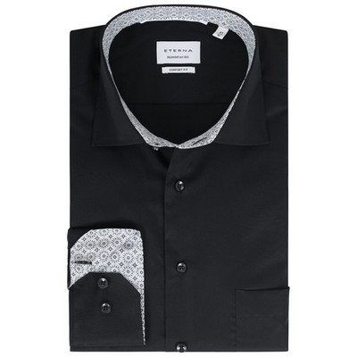 ETERNA Langarm Hemd, Schwarz, Comfort Fit, Bügelfrei, 100% Baumwolle, Kentkragen