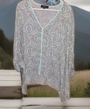 Karen Kane Women's XL Tunic Shirt Blouse Top Button Up 3/4 Sleeve Blue White