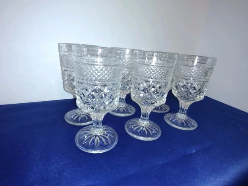 6 Goblets Water Wine Vintage Anchor Hocking Glasses 5 1/2" Wexford Cut Glass