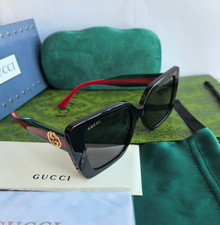 Authentic Gucci GG1861 Black Green Red Stripe Gray Sunglasses Gray Len 53mm