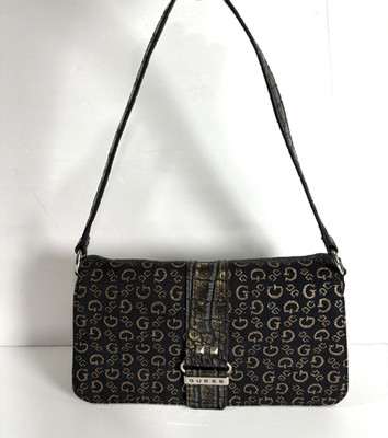 Guess Small Women's Purse Black Croc-Embossed Monogram Studs Shoulder Bag
