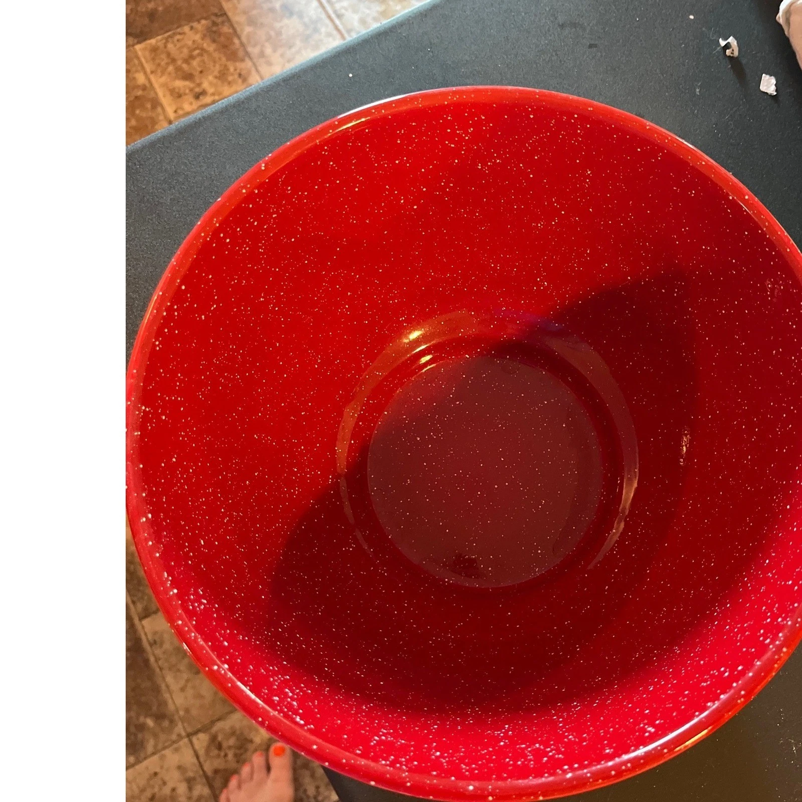 Red Enamelware Speckled Mixing Serving Bowl White Splatter Farmhouse 10 Inch