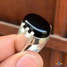 Premium Black Yemeni Agate Aqeeq Ring 925 Sterling Silver Handmade Ring For Men