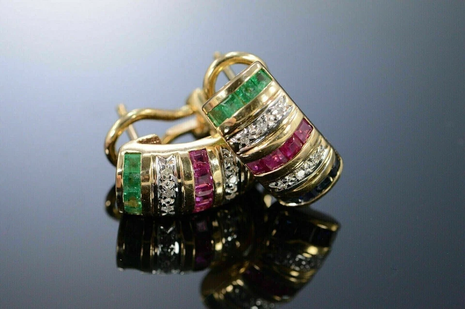 4Ct Simulated Sapphire Ruby Emerald 14K Yellow Gold Plated Omega Clip Earrings - Image 4 of 4