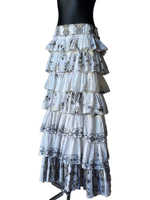 Vintage Roberto Cavalli Resort 2008 Maxi Rock Weiß Blumen Stufen Rüschen Boho M
