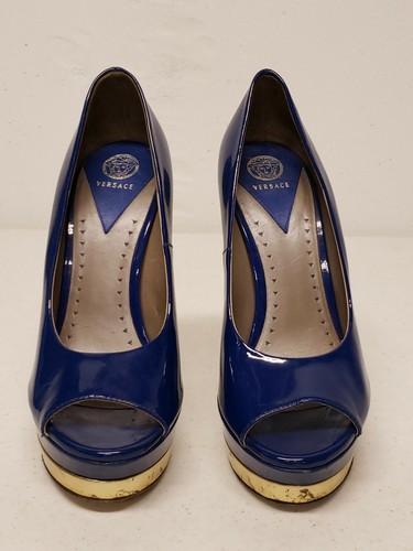 VERSACE BLUE PATENT LEATHER PEEP TOE DOUBLE PLATFORM HEELS PUMPS 36.5 US 6.5 - Picture 2 of 12