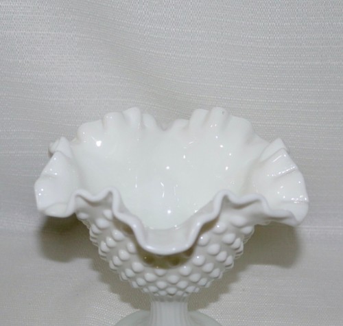 Old Virginia Glass ~ Fenton Milk Glass Hobnail Compote Crimped Rim Vintage - Picture 8 of 12