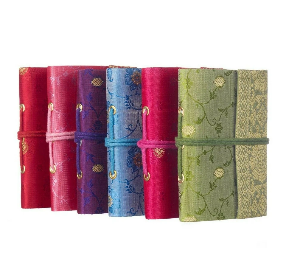 Sari Fabric Pocket Notebook Diary, 6 Colours 8cm x 10.5cm Unlined Recycled Paper - Image 2 of 4