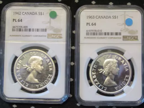1962 & 1963 CANADA SILVER $1 DOLLARS...BOTH  NGC  PL-64..2 COIN LOT