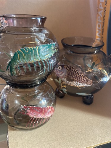 3 X Antique Moser Fish ,shrimp,Raised Enamel Aquatic Plants 19th/20th Century - Picture 21 of 24