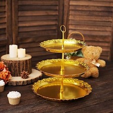 GOLD 15" Plastic 3 Tier Metallic Round CUPCAKE DISPLAY Tower Lace Cut Rim Party