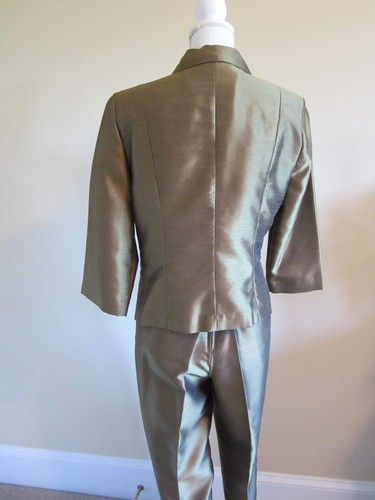 Vtg 80s Jessica Howard 2 Pc Jacket & Pants Suit Shiny Olive Floral Sz 12 Petite - Picture 10 of 11