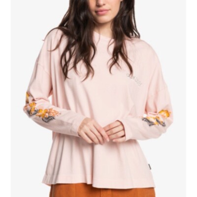 Quiksilver Tee Women's Medium Peach Floral Long Sleeve Crew Neck Oversized