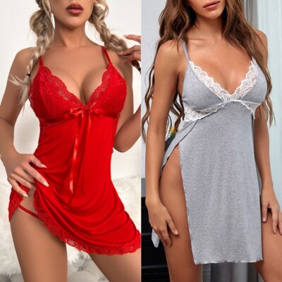 Womens Sexy Lingerie Nightgown Cotton Lace Trim Babydoll Slip Dress  Sleepwear US
