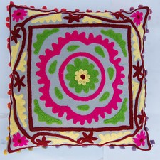 Ethnic Suzani Embroidered Multi Color Cotton Square Shaped Cushion Cover 16x16"