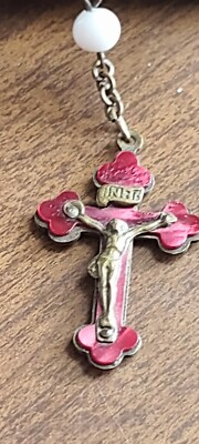 Vintage Rosary Red Glass And White Beads Red Cross.