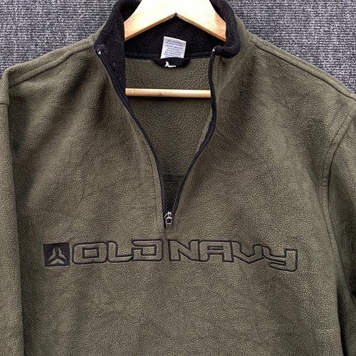 Old Navy Mens Large 1/4 Zip Pullover Fleece Jacket Olive Green Spell Out Logo - Picture 2 of 11