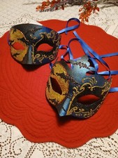 NWOT Genuine Venetian Masks 2 Made in Italy Masquerade Costume Blue Black Gold