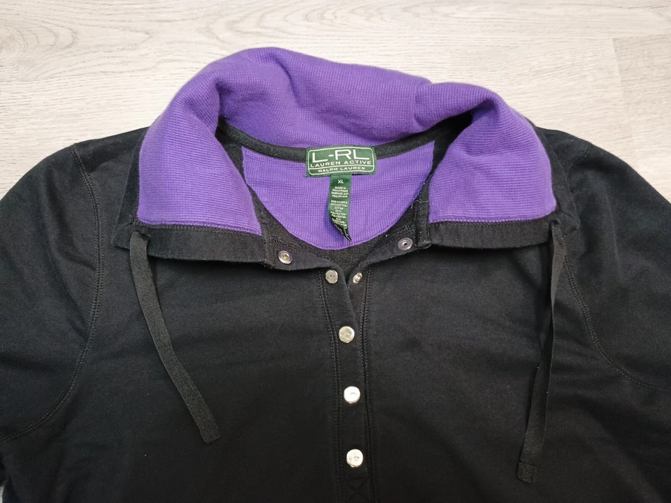 Pullover vintage para mujer Lauren Ralph Lauren Active negro púrpura botón talla XL Foto 3 de 4