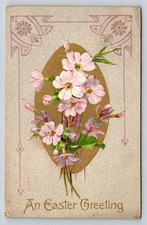 1909 Antique Easter Greeting Postcard Embossed Pink Flowers Gold Foil Germany
