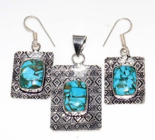 Copper Turquoise 925 Silver Plated Pendant Earrings Set 1.8|1.5" Trendy GW