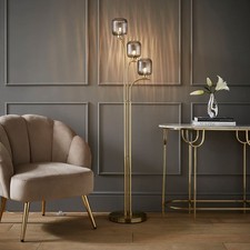 Modern 3 Arm Gold Floor Lamp Ribbed Glass Lampshades Free Standing Lounge Light