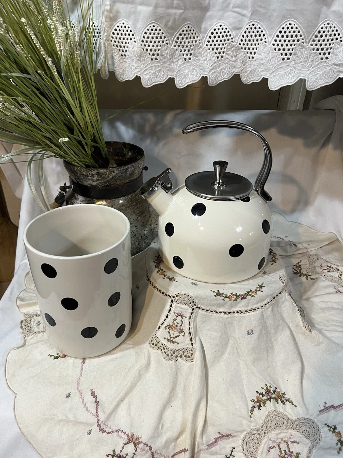 Kate Spade Lenox White Black Polka Dot Kitchen Utensil Holder & Tea Kettle