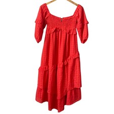 Storia Anthropologie Women Small Boho Red Plaid Smocked Tiered Ruffle Midi Dress