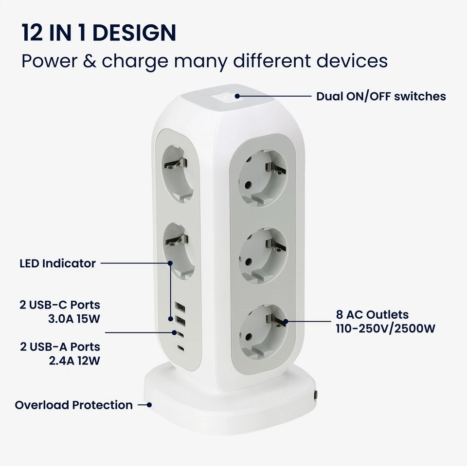 Mehrfachsteckdose mit USB A & C Ports - Steckdosenleiste Turm - Bild 2 von 4
