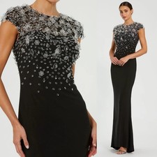Mac Duggal NEW Black Crystal Embellished Jersey Fitted Cap Sleeve Gown - Size 4