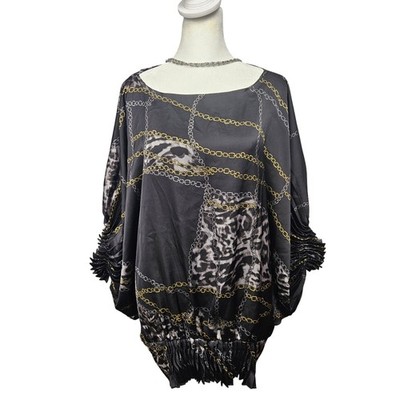 Neiman Marcus Womens Black Chain Leopard Print Batwing Blouse Top Size L