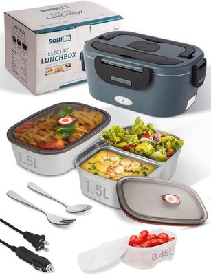 Heated Electric Lunch Box 80W With Two 1.5L Stainless Steel Containers & Lids