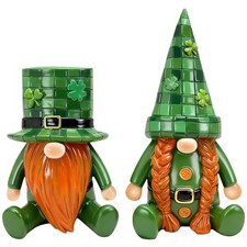 St. Patricks' Day Decorations Resin Gnomes Figurines, Green Grid Hats Shamrock