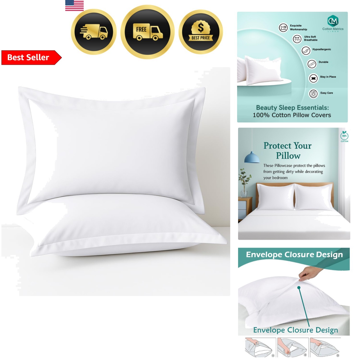 Organic Cotton Pillow Shams 20x26 Set of 2 Hotel Quality 600 Thread Count