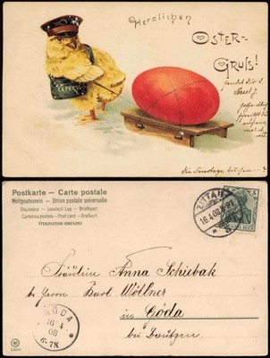 Ansichtskarte  Glückwunsch Ostern / Easter Küken zieht Riesenei 1908