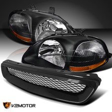 Fits 1996-1998 Honda Civic Black Headlights Lampst-r Front Mesh Hood Grille