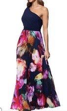 NWOT Xscape Floral Print One-Shoulder Neck Pleated Gown Dress Sz 6 MRSP 278