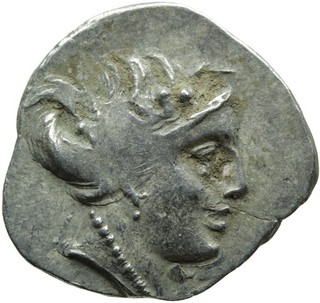 010. Greek Silver Coin. HISTIAIA Euboia. AR Tetrobol. Nymph on Prow. aVF