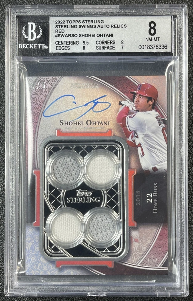 SHOHEI OHTANI BGS 8 2022 TOPPS STERLING SWINGS GU QUAD JERSEY AUTO RELIC RED 4/5