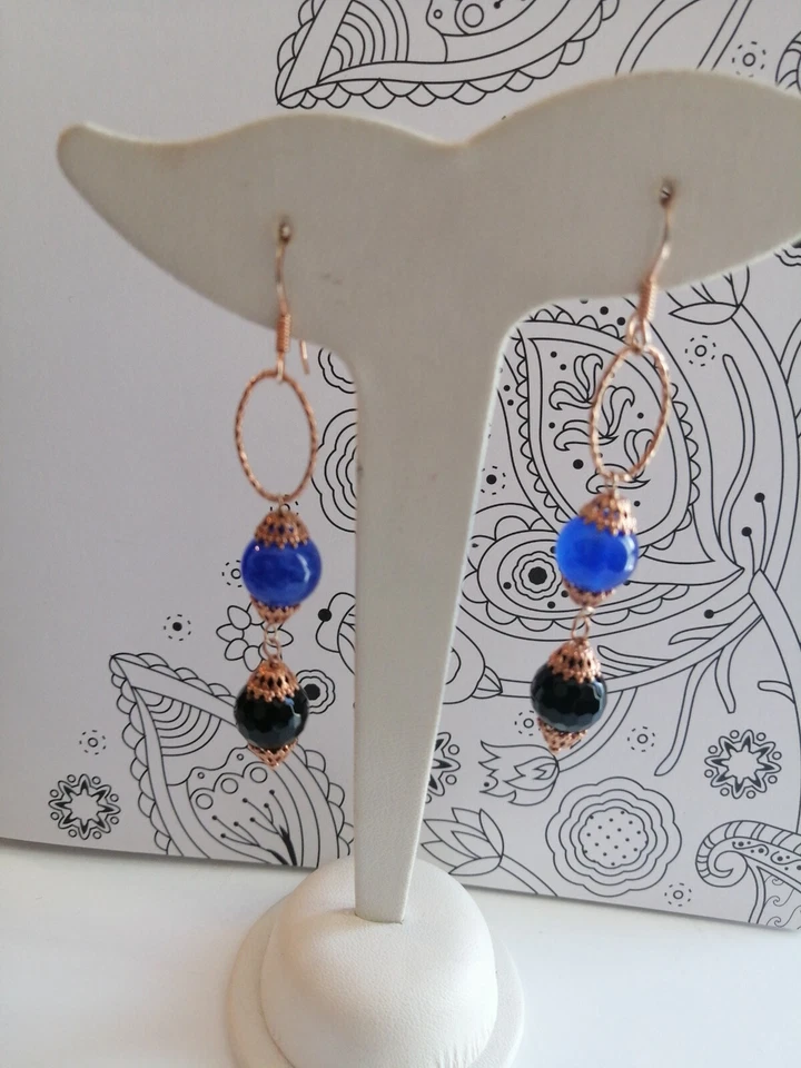 Orecchini Pendenti Donna Argento 925 rosé Pietre naturali Onice agata blu - Immagine 3 di 4