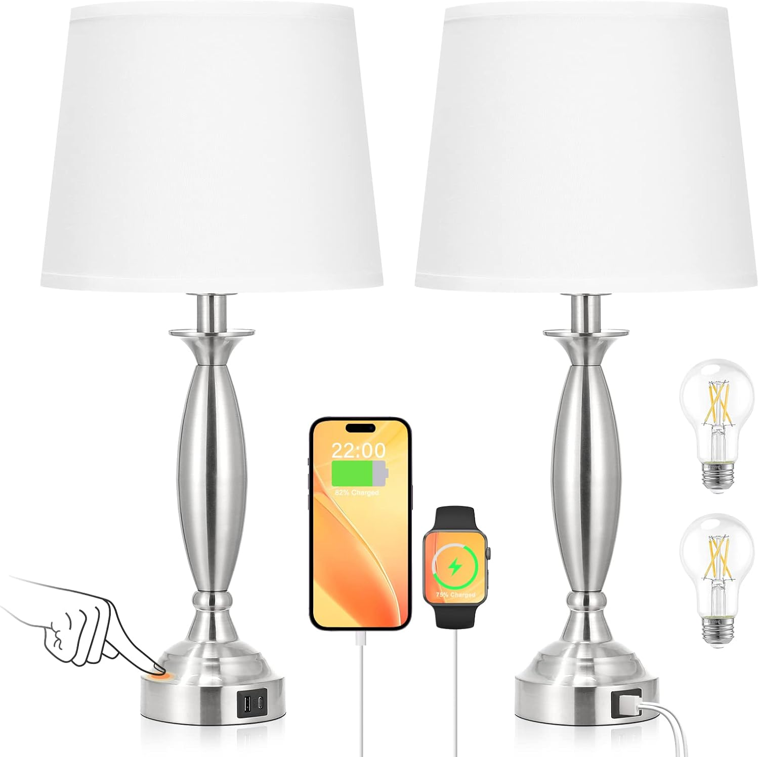 Elegant White Set of 2 Touch Control Bedside Lamps with USB-C/A Charging, 3W Warm Light