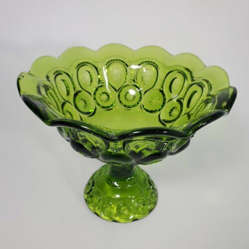 Vintage Green Moon and Star Glass Stemmed Compote L.E. Smith 6.75" Tall - Foto 1 di 8