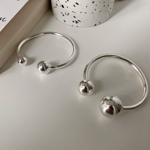 Trendy 925 Sterling Silver Vintage Double Ball Open Cuff Bracelet Elegant Bangle - Picture 4 of 15
