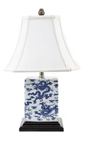 Blue, White Porcelain Rectangular Chinoiserie Lamp. Hand Painted. With Lampshade
