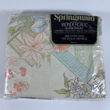 Vintage Springmaid Wondercale Floral Twin Fitted Sheet, Green / Blue / Peach