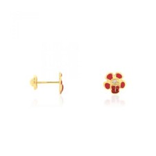 14k Yellow Gold Enamel Ladybug  Red Flower Screw Back Stud Kid Earrings