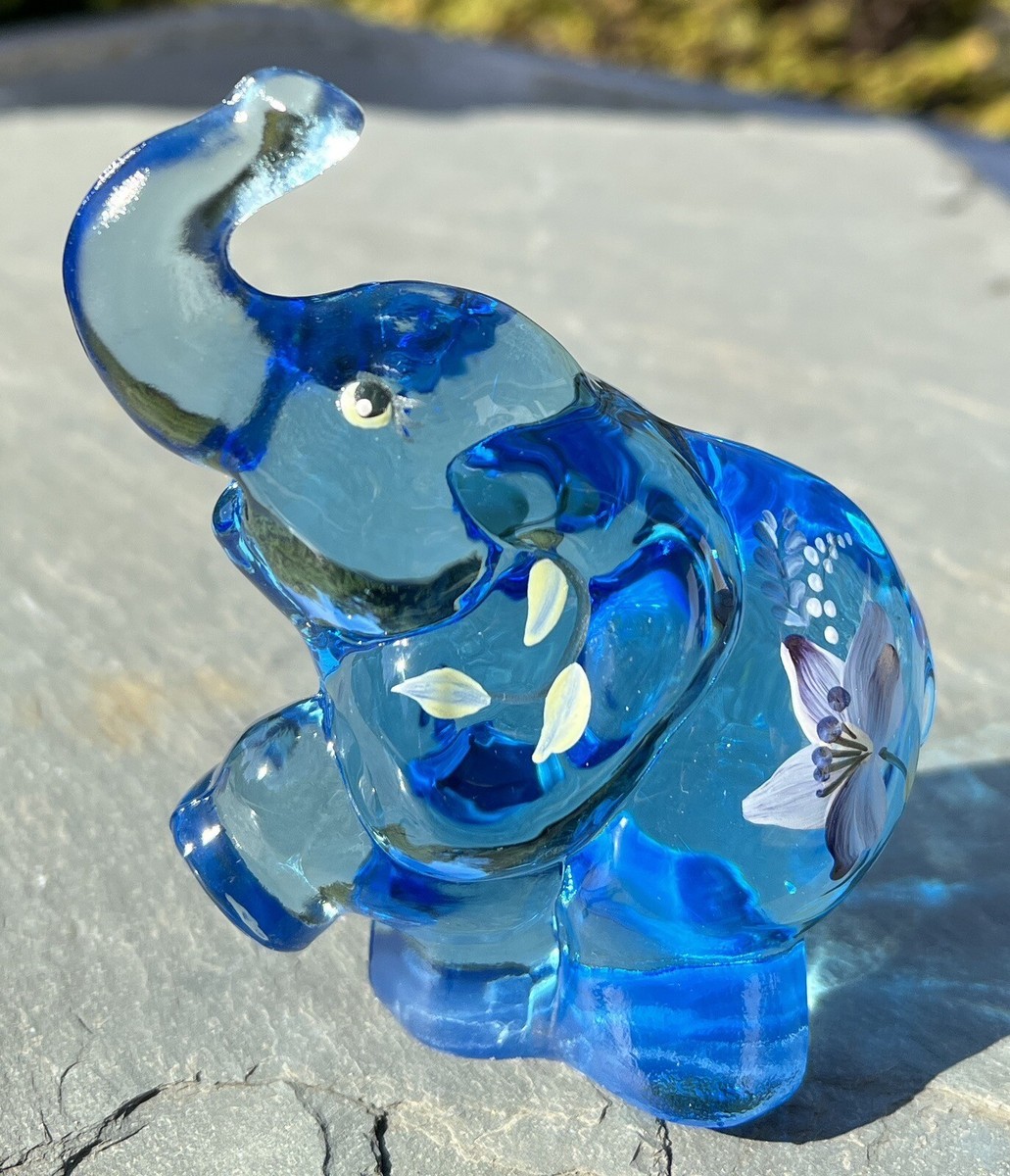  Blue Elephant 花瓶　美品 Vintage Fenton Art Glass Blue Elephant Animal Figurine Painted by