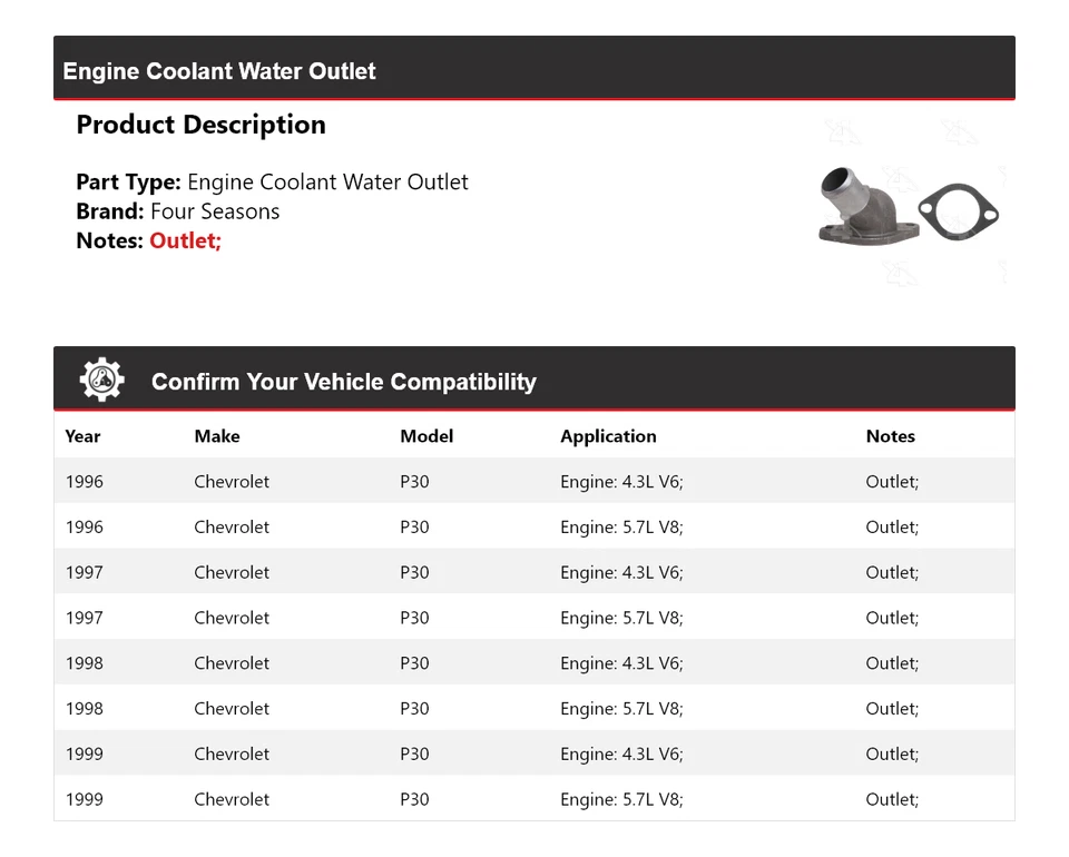 For 1996-1999 Chevrolet P30 Engine Coolant Water Outlet 4 Seasons 1997 1998 - Image 2 of 4