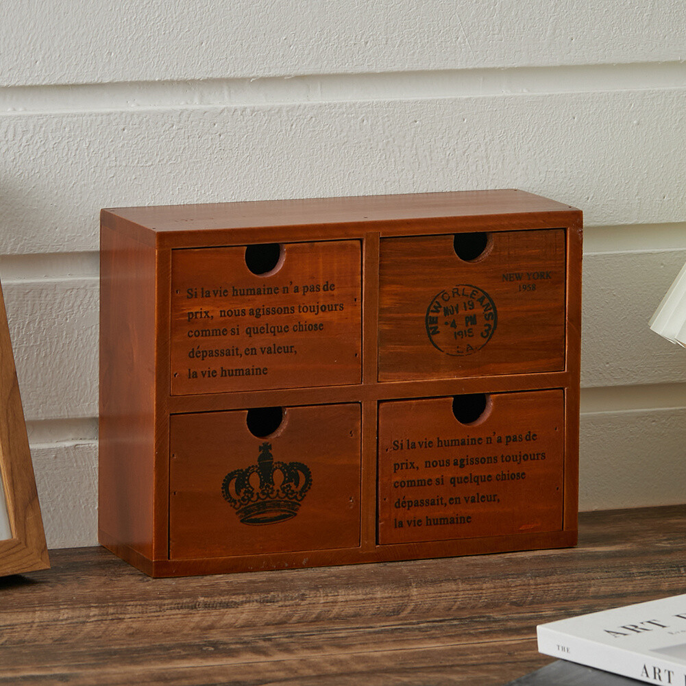 4 Drawers Desktop Brown Wood Storage Box Mini Jewellery Case