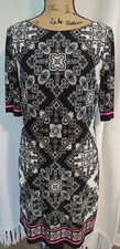 Eliza J $128 Black & White Geometric w/ Pink Trim Lined Shift Dress Size 6 (CB5)